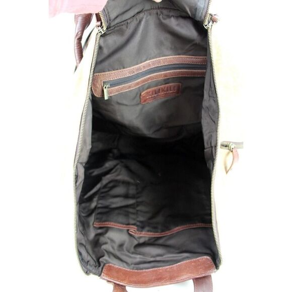 LARGE KiliKili BROWN BEIGE GENUINE LEATHER CANVAS SHOULDER BAG HANDBAG TOTE HOBO - Picture 9 of 14